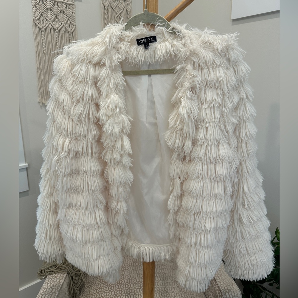 Style U Cream Shag Faux Fur Jacket Fringe Textured Open Front Size L - Picture 6 of 7